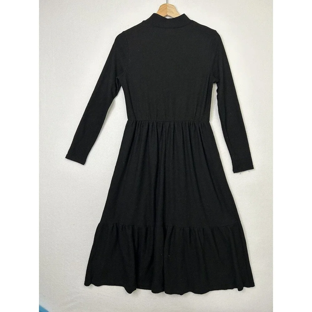 Ophelia Roe Tiered Black Dress Size Medium Casual Long Sleeve Peasant Mock Neck - Picture 6 of 6